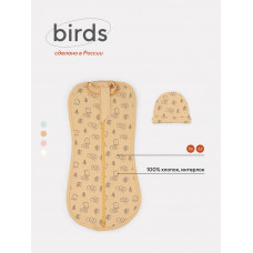 Пеленка-кокон с шапочкой Mowbaby Birds yellow арт. 0012+8382