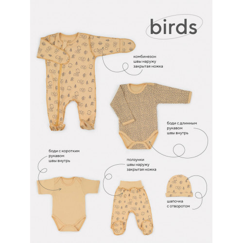 Комплект для новорожденного Mowbaby Birds (5 предметов) yellow арт. 5-82