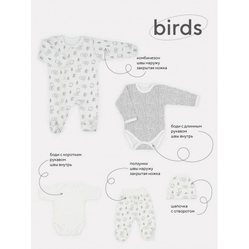 Комплект для новорожденного Mowbaby Birds (5 предметов) milk арт. 5-82